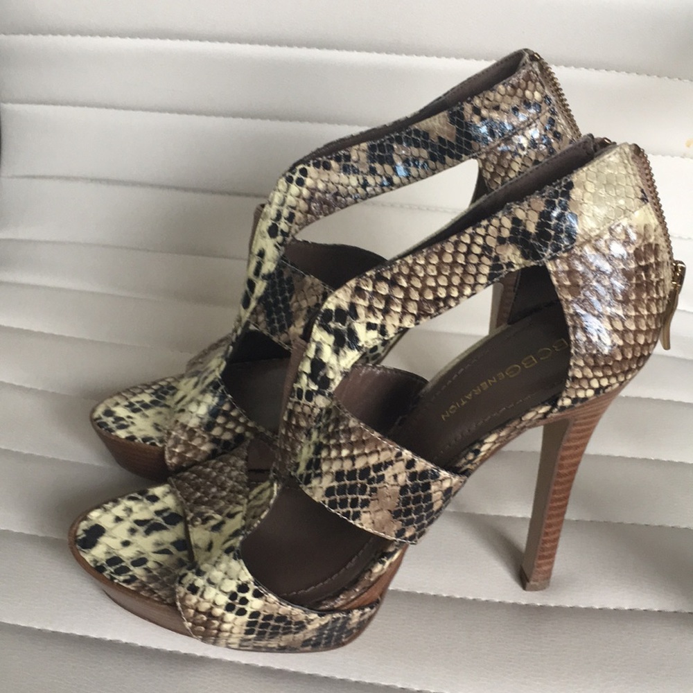 BCBG python cream, black, tan, nude heels sandals